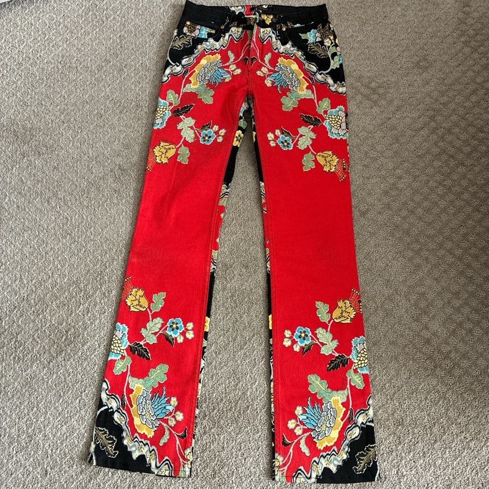 Roberto Cavalli Black Pants with Red and Gold Floral Print